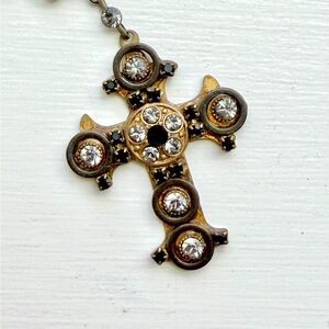 Vintage Burnished Gold and Crystal Cross Pendant Necklace by Belladonna
